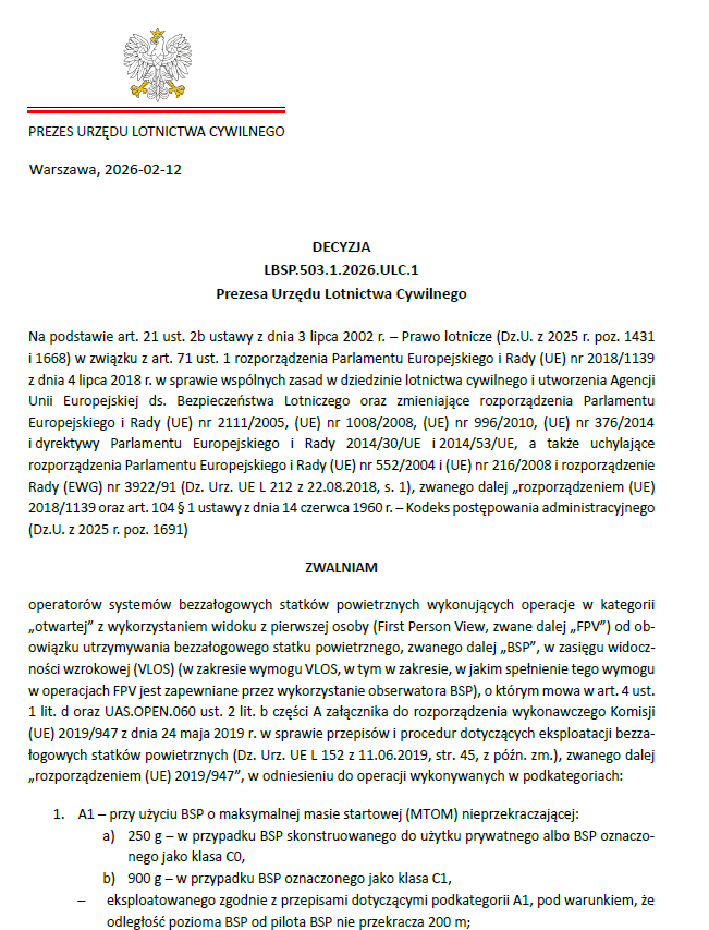 Zrzut ekranu z decyzji prezesa ULC